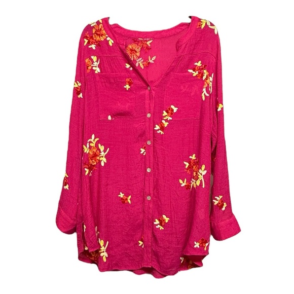 Pink Floral Button Down Shirt with V-Neck - Picture 1 of 3